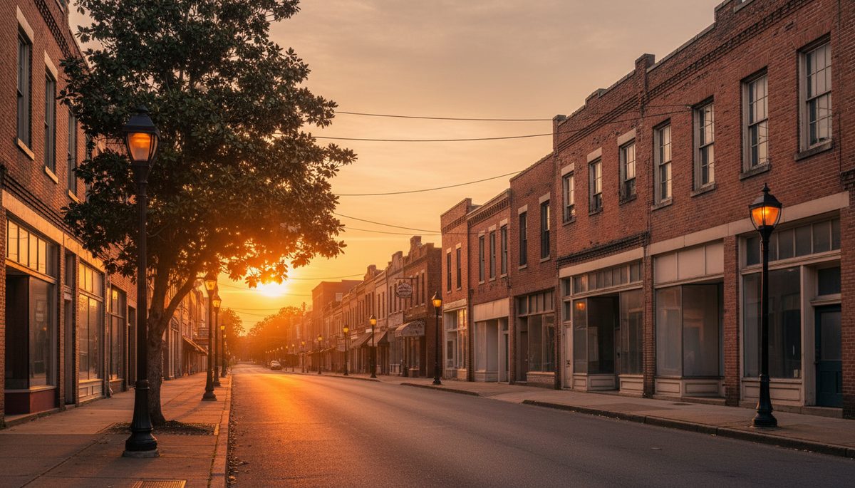 A historic Atlanta Sweet Auburn / civil-rights-district streetscape at golden hour with red-brick storefronts and a magnolia tree.