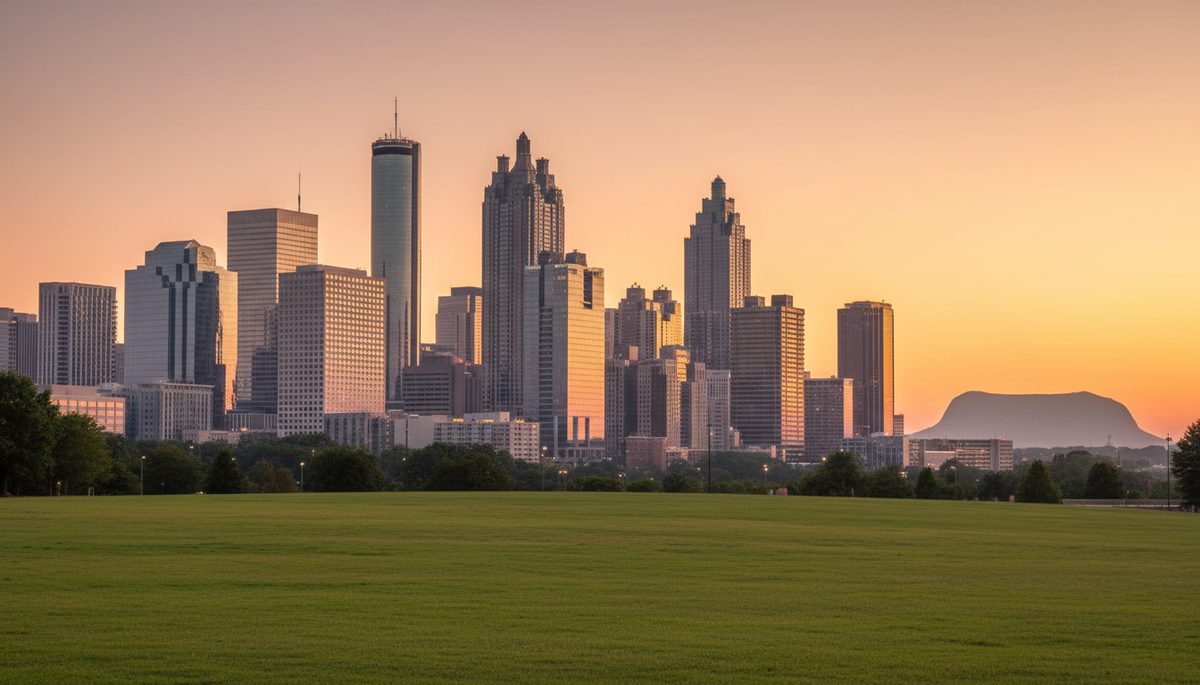 The Atlanta downtown skyline at sunset viewed from a green park lawn, with peach-and-coral sky reflecting off glass towers.