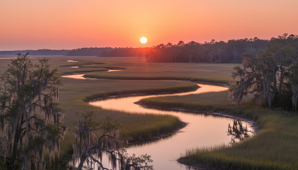 Georgia Lowcountry coastal marsh at sunset with peach-coral sky, Spanish moss-draped live oaks, and reflecting tidal channels.